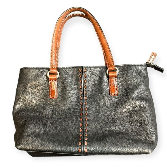 VINTAGE FOSSIL Women’s Black Whipstitch Pebbled Leather Tote Bag with Brown Hand - Picture 1 of 6